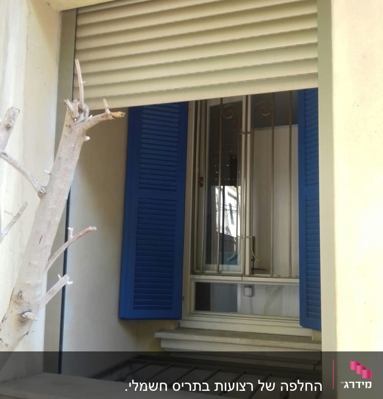 תריסים כחולים פתוחים ליד חלון עם תריס גלילה